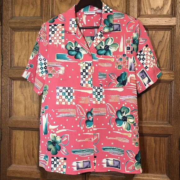 Alfred Dunner Women's 12 Pink Floral Blouse Short Sleeve Button-Up Crepe Top - Picture 2 of 7